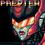 Pixel art of a character with glowing eyes and helmet, set against black background with 'PREVIEW' text above.