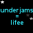 Animated sequence of cyan text 'underjams' and 'lifee' with equal signs, surrounded by white and gray stars on black background.