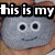 A gray rounded character with white-ringed eyes and a smile is held in hands, displaying text overlays across three views.