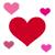A central red heart surrounded by four smaller hearts in pink and purple hues on a light checkered background.
