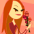 Pixelated cartoon-style icon of a woman with long red hair holding pink flowers against a peach background.