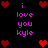 Pixel art displays 'i love you kyle' text with red heart symbols on black background, arranged in a pattern with alternating heart positions