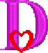 Two side-by-side purple 'D' shapes with red and cyan hearts below them on a gray background.