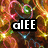Pixelated image with colorful abstract background and black rectangular text box containing white text 'aIEE' with a stylized 'a' character.