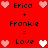 Red background displays two identical side-by-side pixel art equations with text and heart symbols, showing 'Erica + Frankie = Love' in black font surrounded by pink and white hearts.