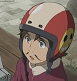 Static anime-style icon of a character wearing a red and white helmet with yellow accents, brown hair visible beneath the helmet, and a maroon jacket over a light-colored shirt against a muted background.
