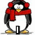 Pixelated penguin wearing red earmuffs and scarf, with text "I AM FROZEN!" appearing sequentially