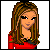 Pixel art contact sheet showing three frames of a female character in red top and blue jeans with heart decorations, plus text reading "cant stop lovin him!" surrounded by red hearts on white background.