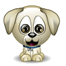 A cartoon dog with light brown fur, large eyes, and a blue collar appears in multiple expressions including smiling, tongue out, and mouth closed.