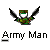 Pixelated figure in camouflage uniform with green helmet and white face, holding black curved weapons, displayed in four positions with text below each