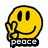 Yellow smiley face with black eyes and mouth, hand raised in a wave, below a black and white 'PEACE' text block.