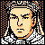 Pixelated 50x50 static buddy icon featuring a stylized character with light skin tone, orange hair, and black eyebrows against a black background with orange dot border.