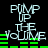 Pixelated text "PUMP UP THE VOLUME" in light blue with green audio bars on black background, two identical frames showing static display.