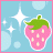 Pixelated icon of a pink strawberry with green leaves, light blue background, white sparkles, and rounded cloud shapes.