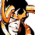 Pixelated static image of a character with black hair and orange/yellow flame-like elements surrounding the head, set against a transparent background.