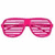 Six pairs of shutter shades in pink, purple, green, red, blue, and orange arranged in two on a white background