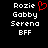 Two side-by-side pixelated text displays on black background, each listing four names with 'BFF' at bottom; left display has red heart symbol next to 'Rozie'.