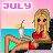 Pixel art of a blonde woman in a red bikini holding a drink, with 'JULY' text above, set against a beach background.
