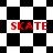 Black-and-white checkered pattern with red text 'SKATE' repeated across four quadrants, transitioning from to scattered squares