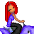 Pixel art buddy icon featuring a cartoon woman with red hair riding a purple vehicle, accompanied by text elements including "MTV" and "Pimp my RIDE" on a white background.