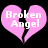 Two pink broken heart shapes with white text 'Broken Angel' on black background, each heart split vertically into two halves.