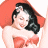 A vintage-style pinup woman in a red outfit with a large bow, smiling and wearing a headband, next to green text reading 'OriginalIcons.com' on a dark background.
