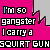 Pixelated text repeats across a bright pink background with gray jagged shapes, showing color variations in specific letters.