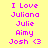 Yellow background with pink pixelated text listing names and a heart symbol in two identical vertical