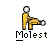 Pixelated figure in yellow pants and black shoes performs a one-legged kick with a soccer ball, standing on a gray background beneath the text "Molest".