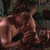 A split-screen image with a shirtless man on the left and text in cyan on black backgrounds.