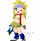 Pixel art character with blonde hair and purple headband, wearing green outfit with red tie, blue boots, and gray wrist guards, holding blue weapon-like object.