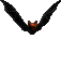 Pixelated bat with black wings and red eyes in three distinct poses against a light gray background.