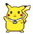 Pixelated yellow cartoon character with red cheeks, black eyes, and a blue-and-white collar, shown in four sequential poses with varying arm and tail positions.