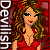 Pixelated image of a woman with long wavy brown hair wearing a red dress and red headband, with vertical text on the left side.