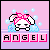 Pixel art contact sheet of six animated frames showing a bunny character with pink bow in blue bubbles, each frame displaying the word "ANGEL" below on purple background.
