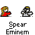 Animated contact sheet of 12 pixel-art frames showing two characters interacting with speech bubbles and text labels, arranged in a 4x3 grid on gray background.