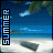 Pixelated beach scene with blue sky, white clouds, green foliage, and two gray rocks on sandy shore; vertical 'SUMMER' text in light blue letters on black background.