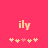 Pixelated text 'ily' in light yellow on bright pink background with five heart symbols below, two hearts change color from pale to darker shade.