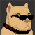 Pixelated dog-like character with light brown fur, black sunglasses, and a black collar with red accents, shown in two side-by-side frames with mouth open in the right frame.