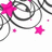 Pixelated static image with pink star shapes and gray swirling lines on a white background.