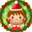 Two circular pixel art icons show a girl and boy in Santa hats within green wreaths with red berries, the boy waving with both hands.
