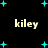 Black background with cyan plus signs scattered , four instances of the word 'kiley' in light beige pixelated text arranged in a pattern