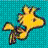 Four pixelated show a yellow bird-like character in different poses against colored backgrounds