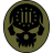 Circular olive-green icon with black skull design featuring vertical bars over eye sockets and a square nose cavity.