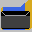 dark gray and black rectangular shapes with blue and yellow accents on a light gray background, showing partial pixel damage in lower sections