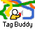 Pixelated static icon featuring a yellow stick figure with white head holding red object, surrounded by rainbow-colored curved lines above and gray background with "Tag Buddy" text below.