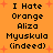 Pixelated orange background with black text repeating 'I Hate Orange Aliza Myuskula (indeed)' in two , scattered red plus signs as accents