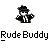 Pixelated character in black suit and hat with white face, arms outstretched against gray background; text below reads "Rude Buddy".
