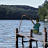 Animated contact sheet showing four sequential frames of a fishing scene with a person on a dock, water, and trees in the background.