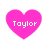 Four pink heart-shaped icons with the name "Taylor" in white pixelated text, arranged in a on a white background